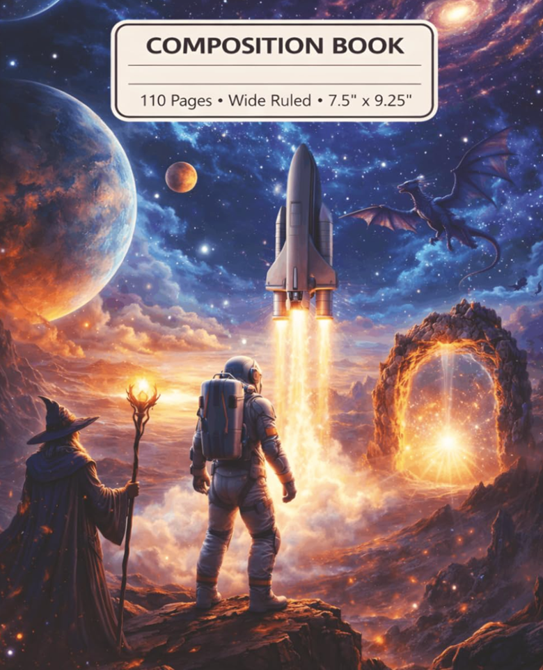 Worlds Collide Sorcery & Spaceflight Composition Book Cover